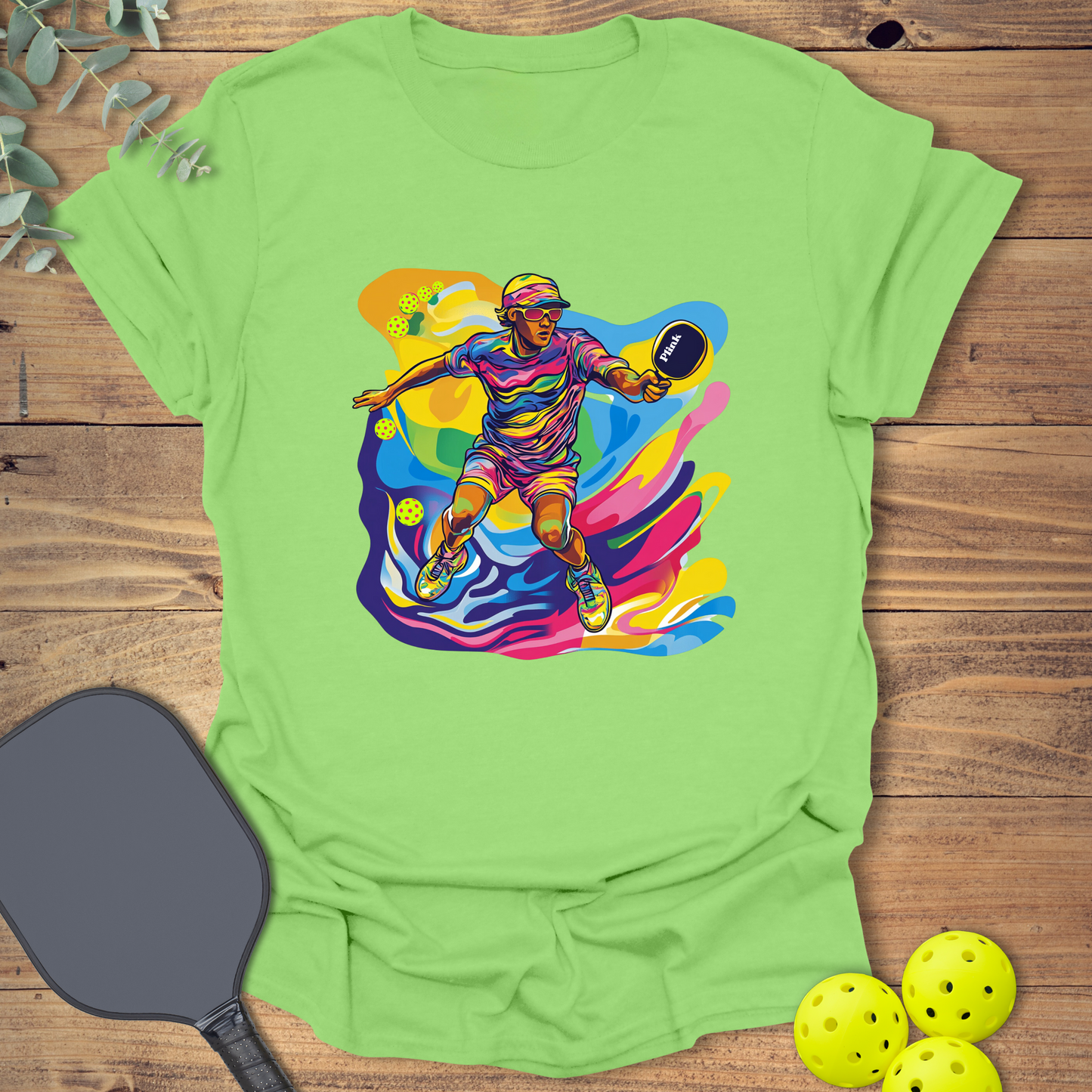 Fun Colorful Player Pickleball T-Shirt in pop art-style design in lime