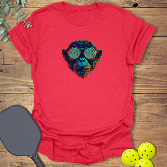 Fun pickleball t-shirt with a cuberpunk-style design featuring a futuristic chimp in red
