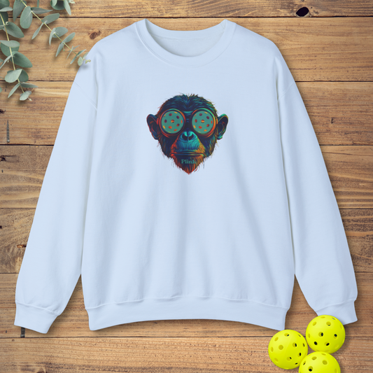 Funny pickleball sweatshirt with a chimp design in light blue