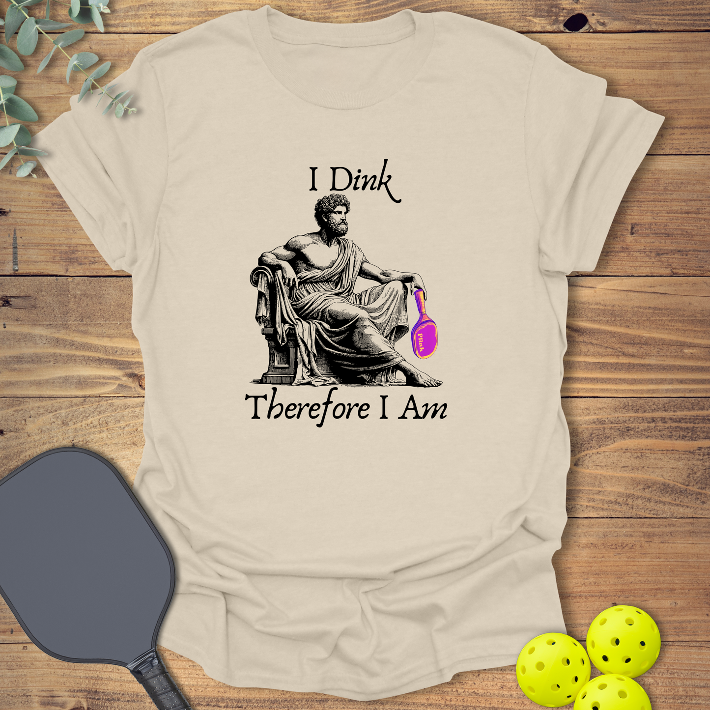 Funny pickleball tshirt featuring a greek god and a paddle in natural