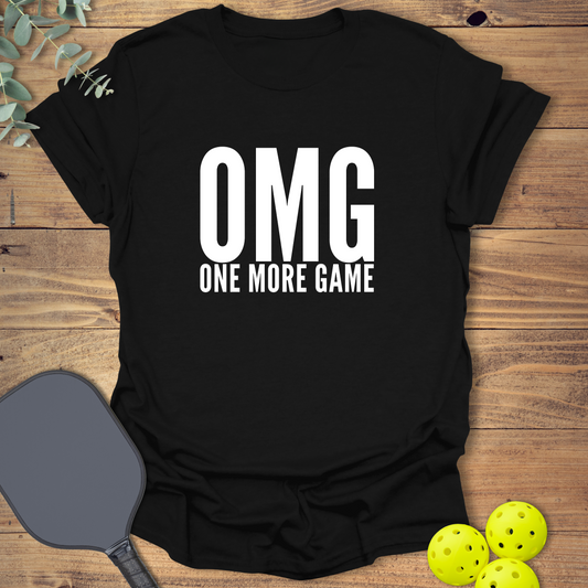 funny t-shirt with a "one more game" slogan in black