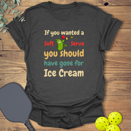 Funny pickleball t-shirt with a pickle ice cream design in grey
