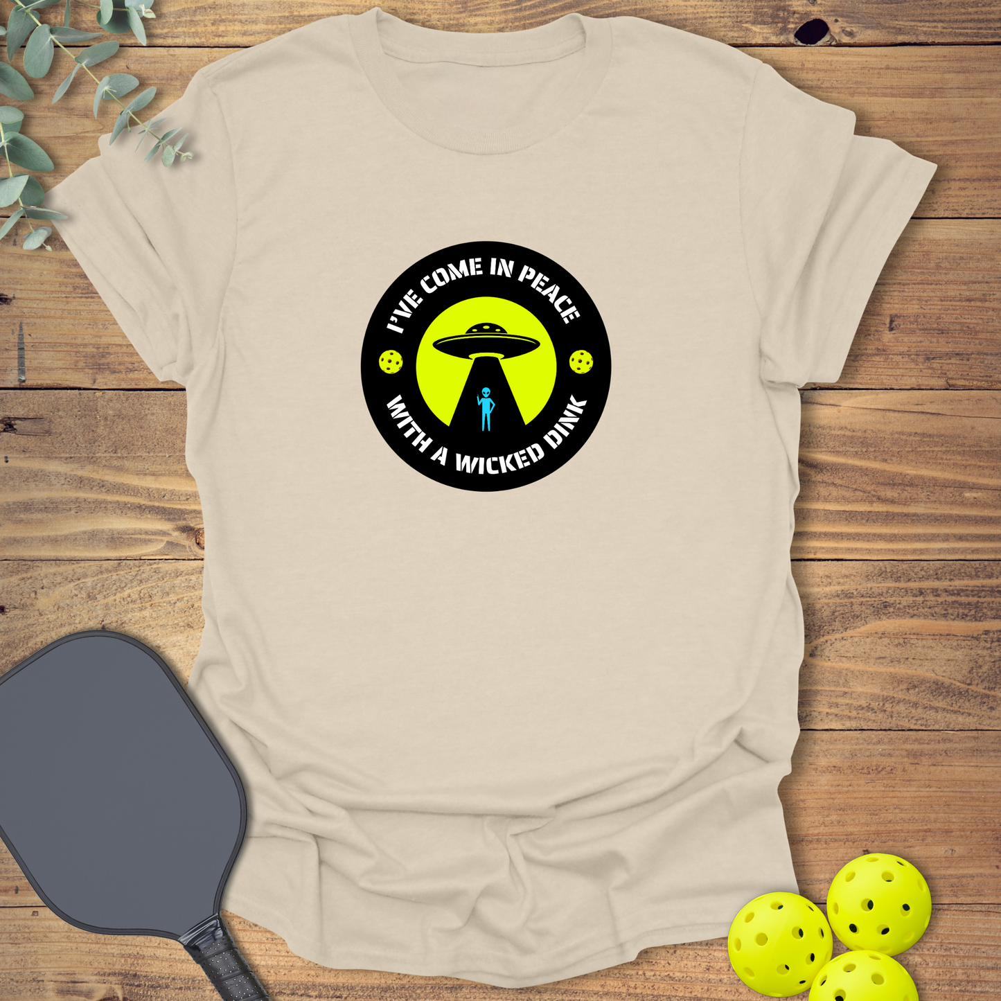 Funny pickleball t-shirt with a sci-fi design in natural color