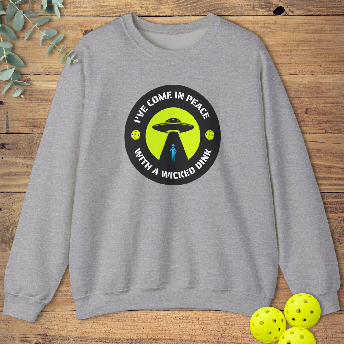 funny pickleball sweatshirt with an alien theme in light grey