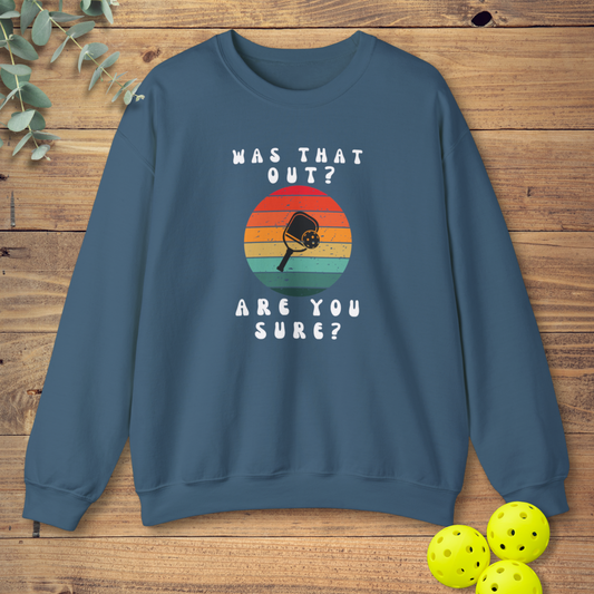 Funny pickleball sweatshirt with a retro-style design in indigo blue