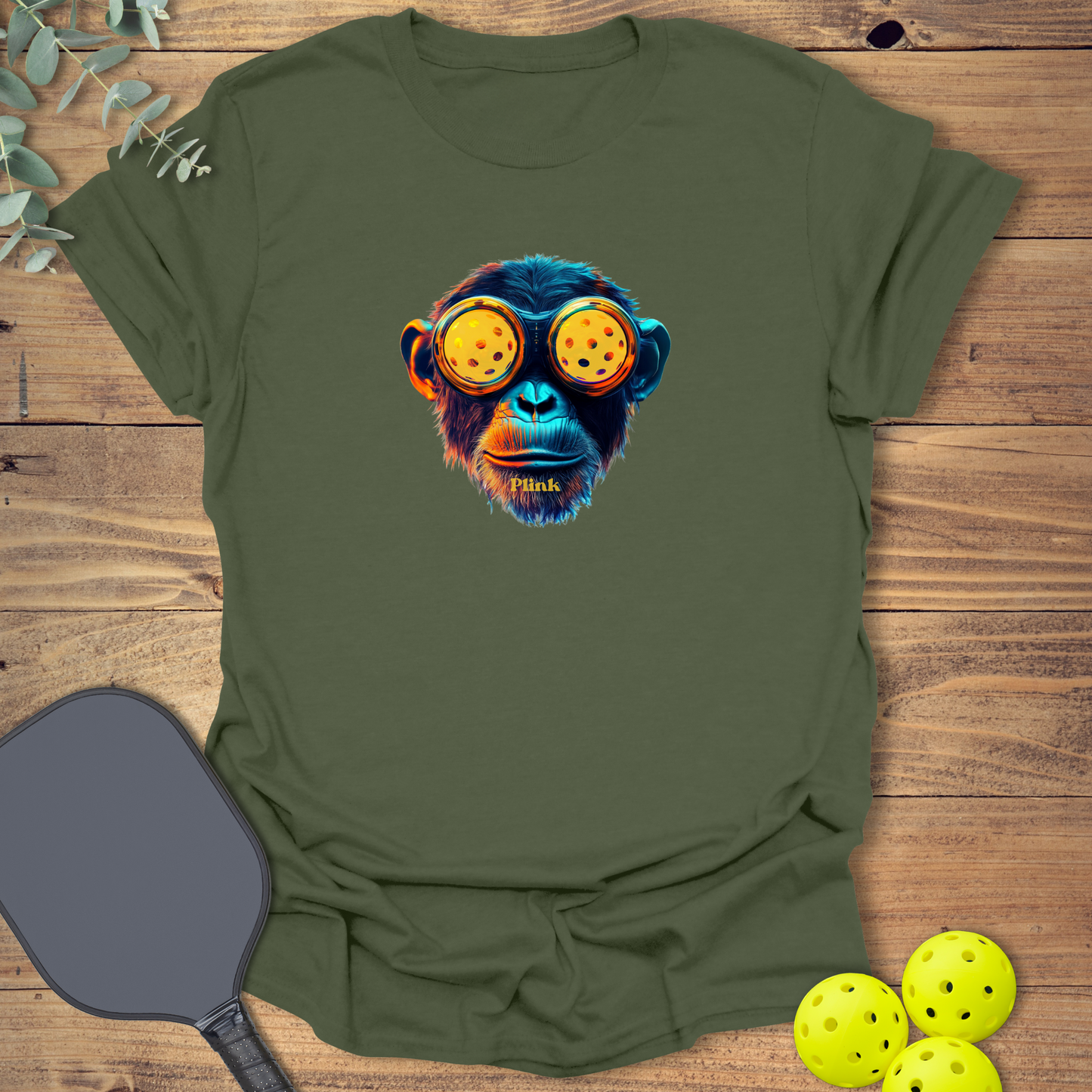 Funny pickleball t-shirt with a cyberpunk-style design in military green