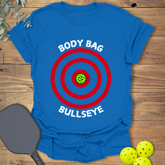 funny pickleball t-shirt with a bold bullseye design in royal blue