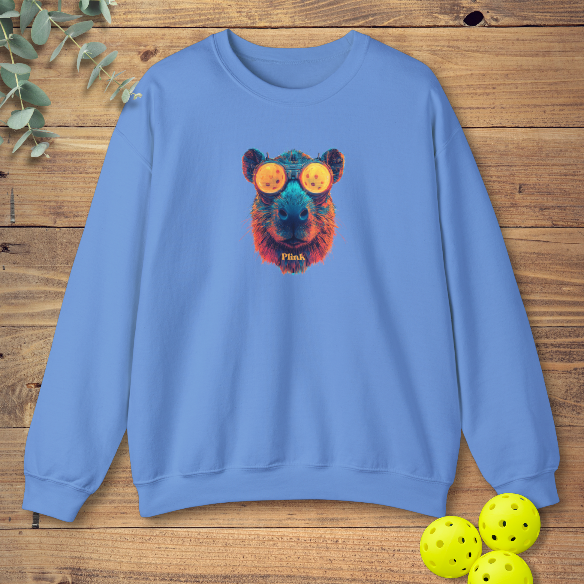 fun pickleball sweatshirt with a cyberpunk-style capybara design in blue