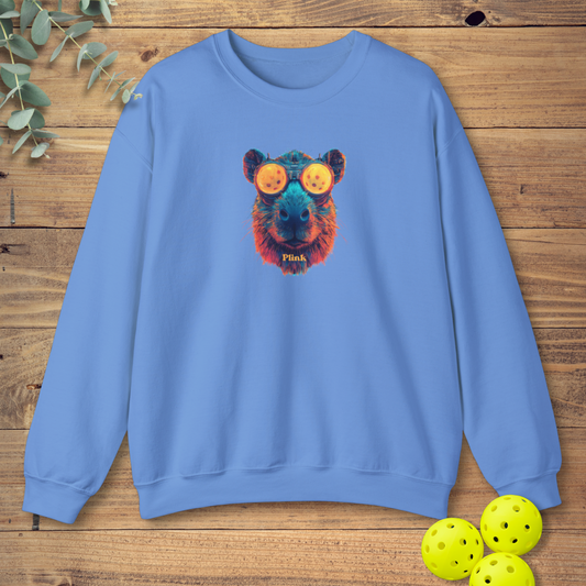 fun pickleball sweatshirt with a cyberpunk-style capybara design in blue