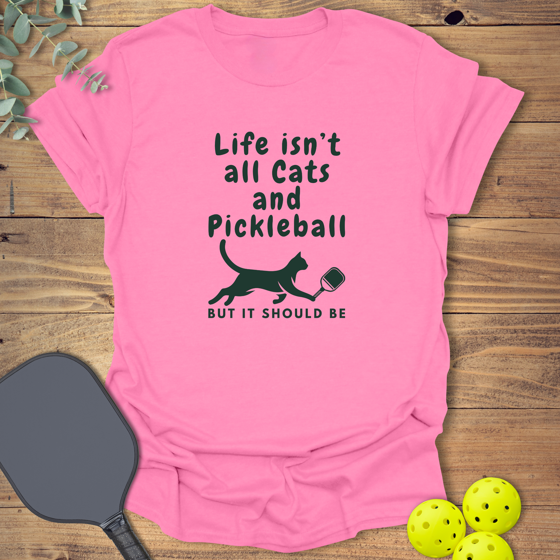 Funny pickleball t-shirt for cat lovers in pink