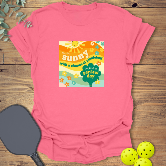 Graphic pickleball t-shirt with a sunny design in pink