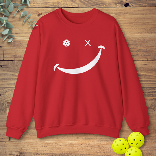funny pickleball sweatshirt with a classic smiley face design in red