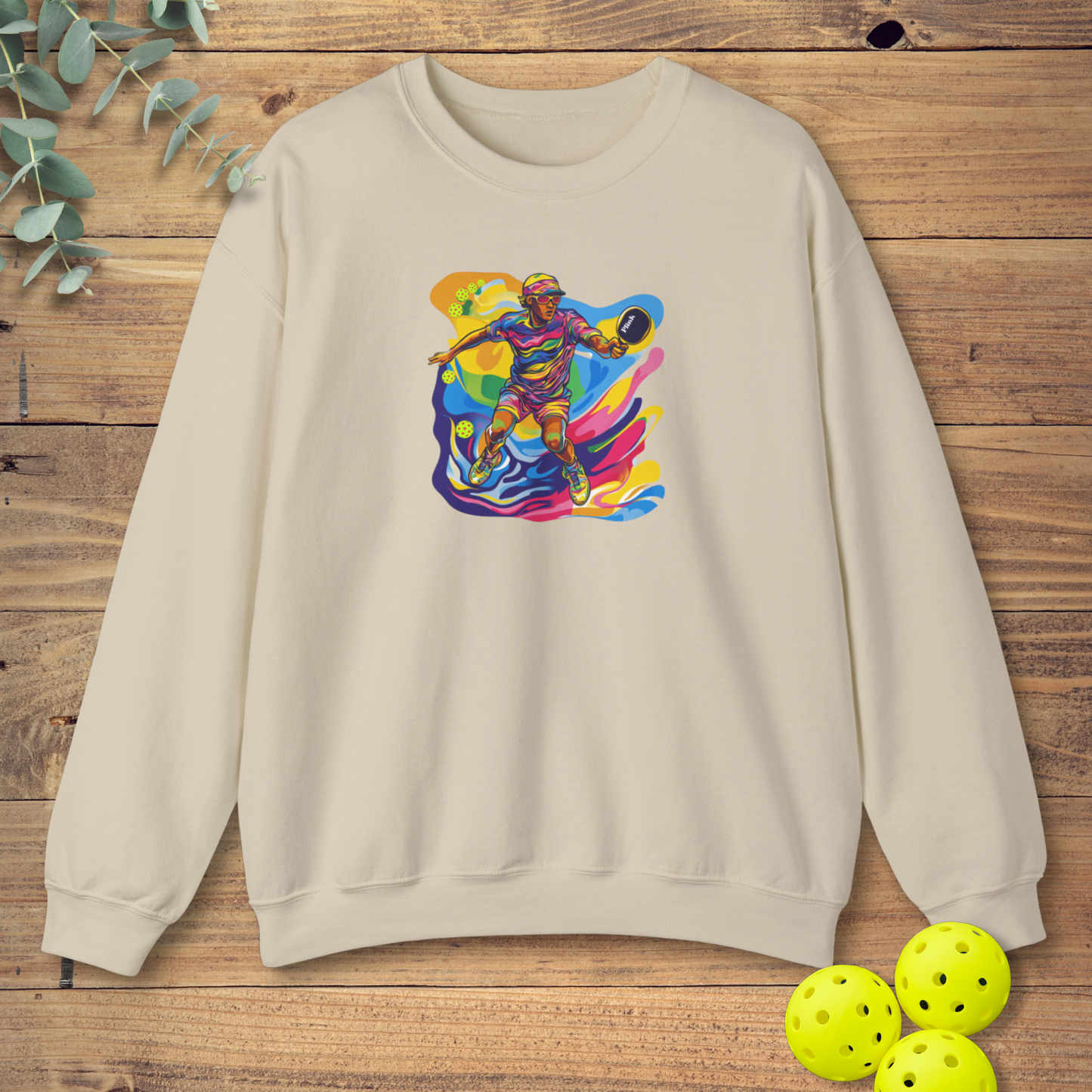 colorful pickleball sweatshirt with pop art style design in tan