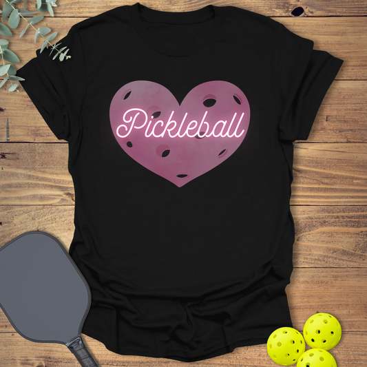 Cute Pink Heart Pickleball T-shirt in black