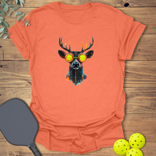 Funny pickleball t-shirt with a cyberpunk-style design on heather orange