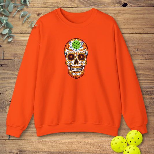 halloween pickleball sweatshirt with a flowery skull in orange