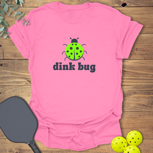 Funny pickleball t-shirt with a dink bug in bright pink