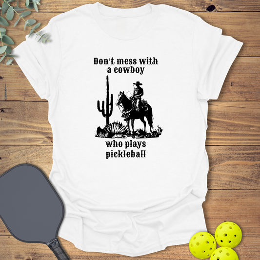 Funny Pickleball T-shirt with a cowboy design in white