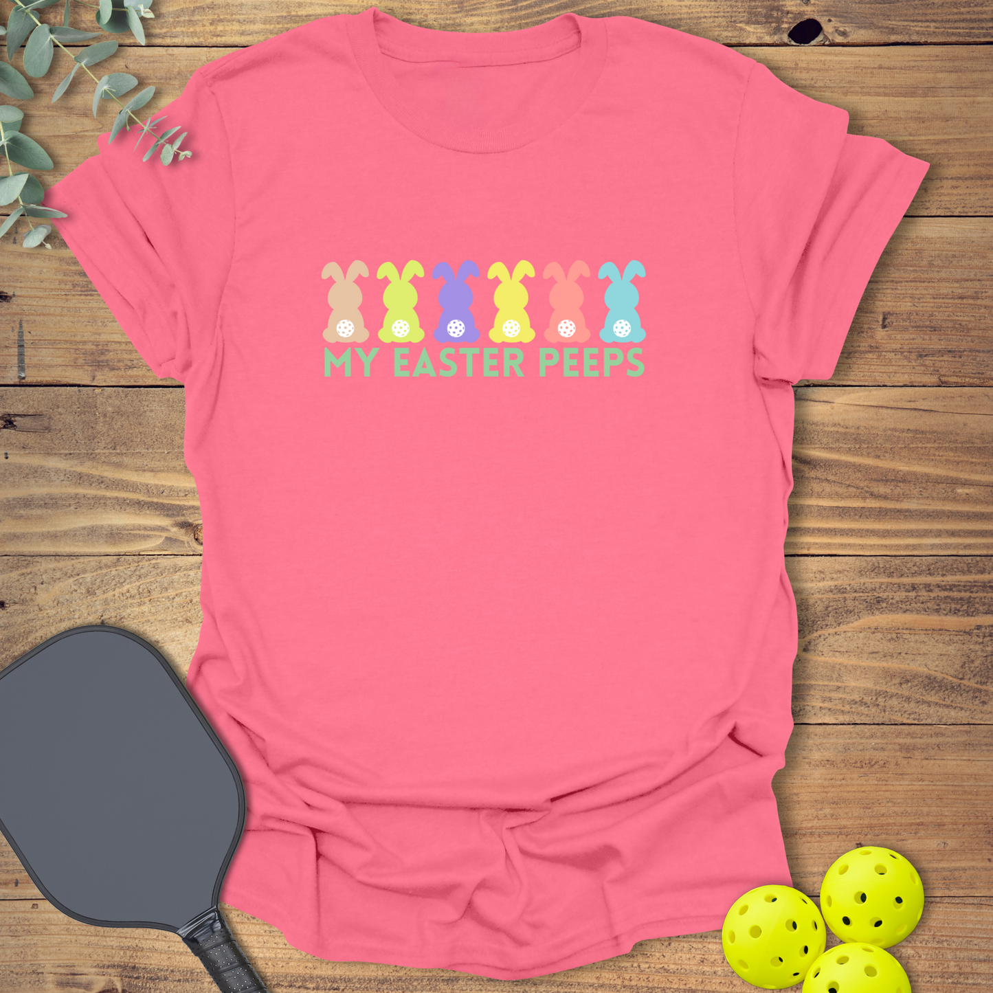 funny pickleball t-shirt to celebrate easter in coral pink