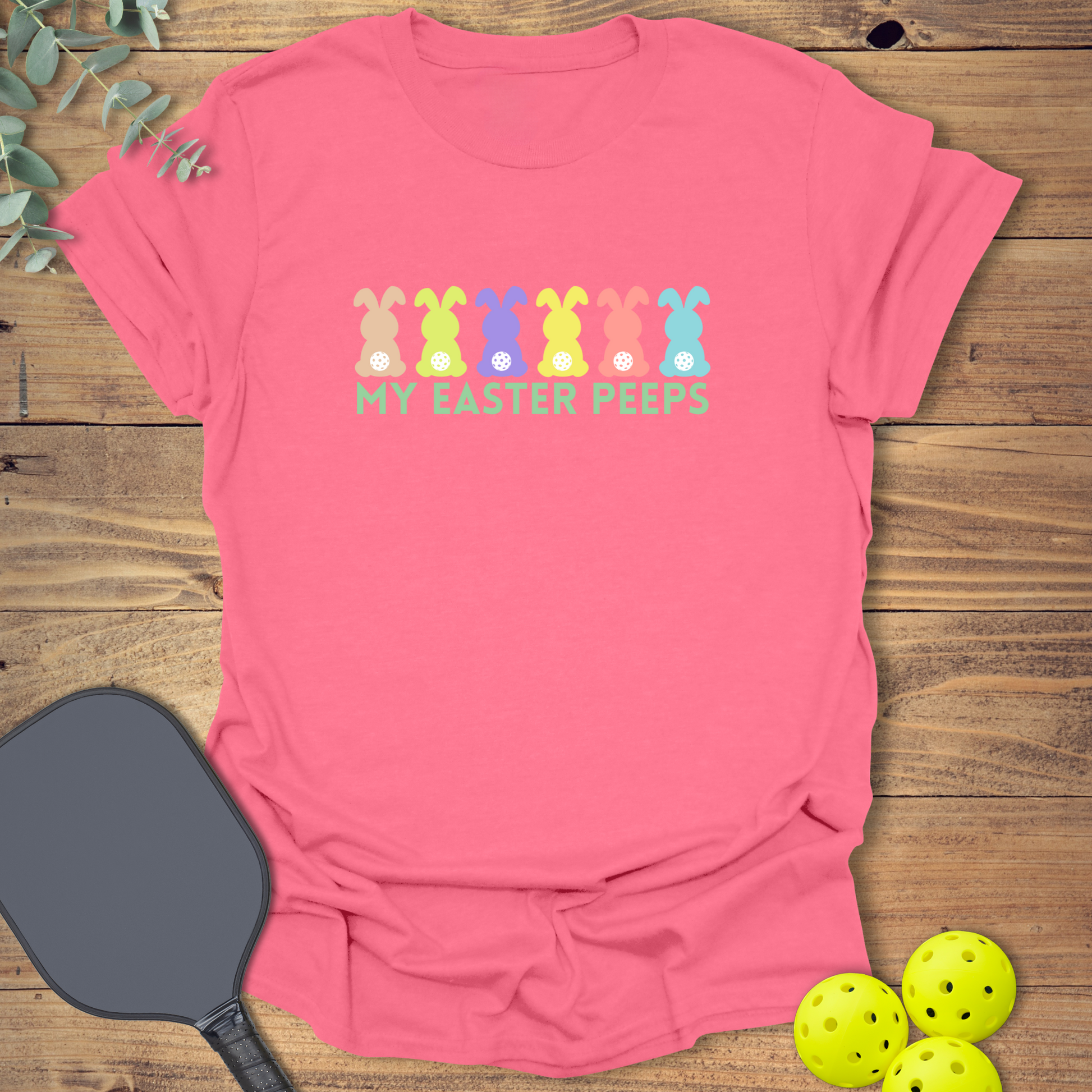 funny pickleball t-shirt to celebrate easter in coral pink