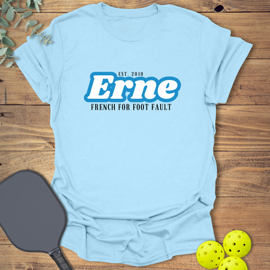 Funny pickleball t-shirt with a pickleball erne design in light blue