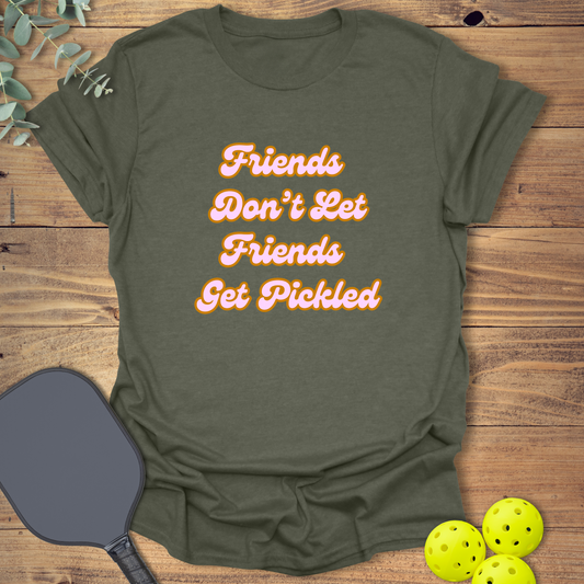 funny pickleball t-shirt with a retro-style pop-culture design in heather military green
