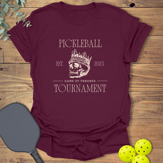 Graphic pickleball tournament t-shirt in maroon