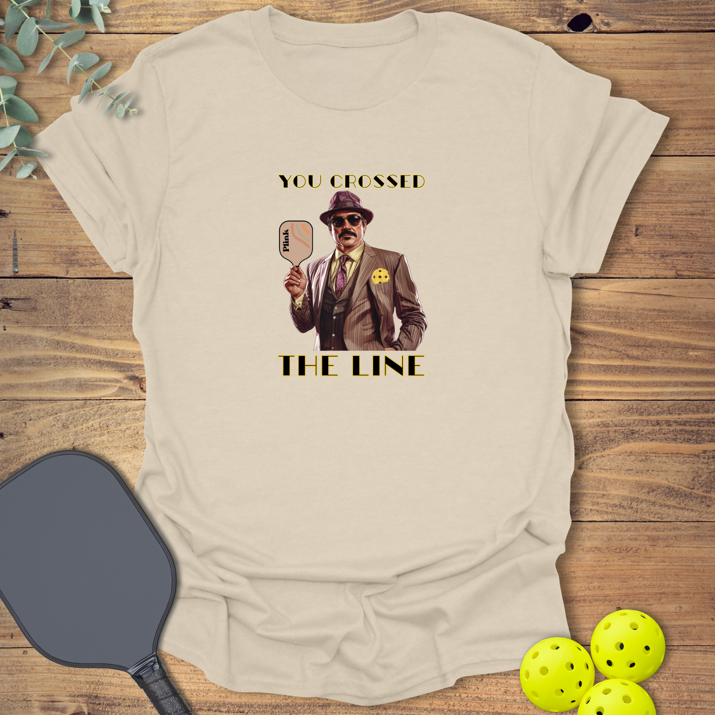 funny pickleball t-shirt with a gangster-style design in natural color