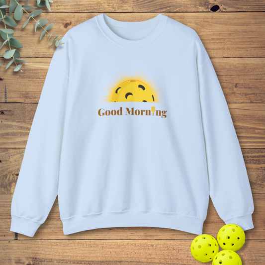 fun pickleball sweatshirt with a sunshine design in light blue