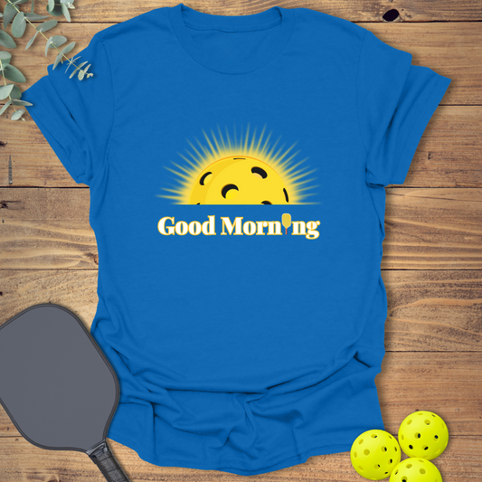 Good Morning Sunshine Pickleball T-shirt in a bright happy design in royal blue
