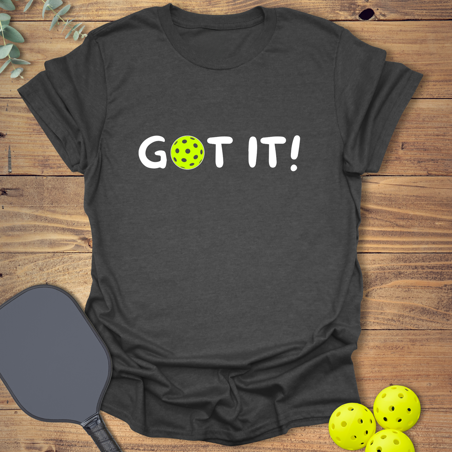 funny pickleball t-shirt with a front & back design in grey