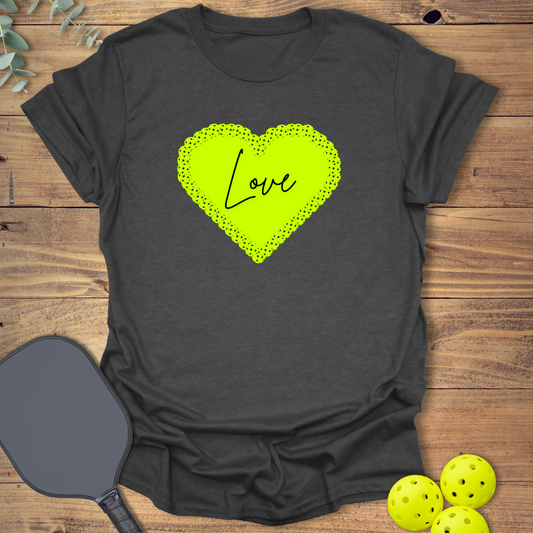 Love pickleball t-shirt featuring a neon green heart in heather grey