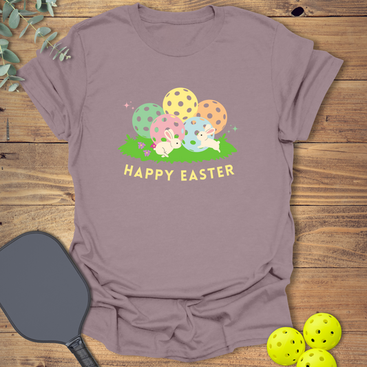 cute pickleball t-shirt featuring easter bunnies in light purple