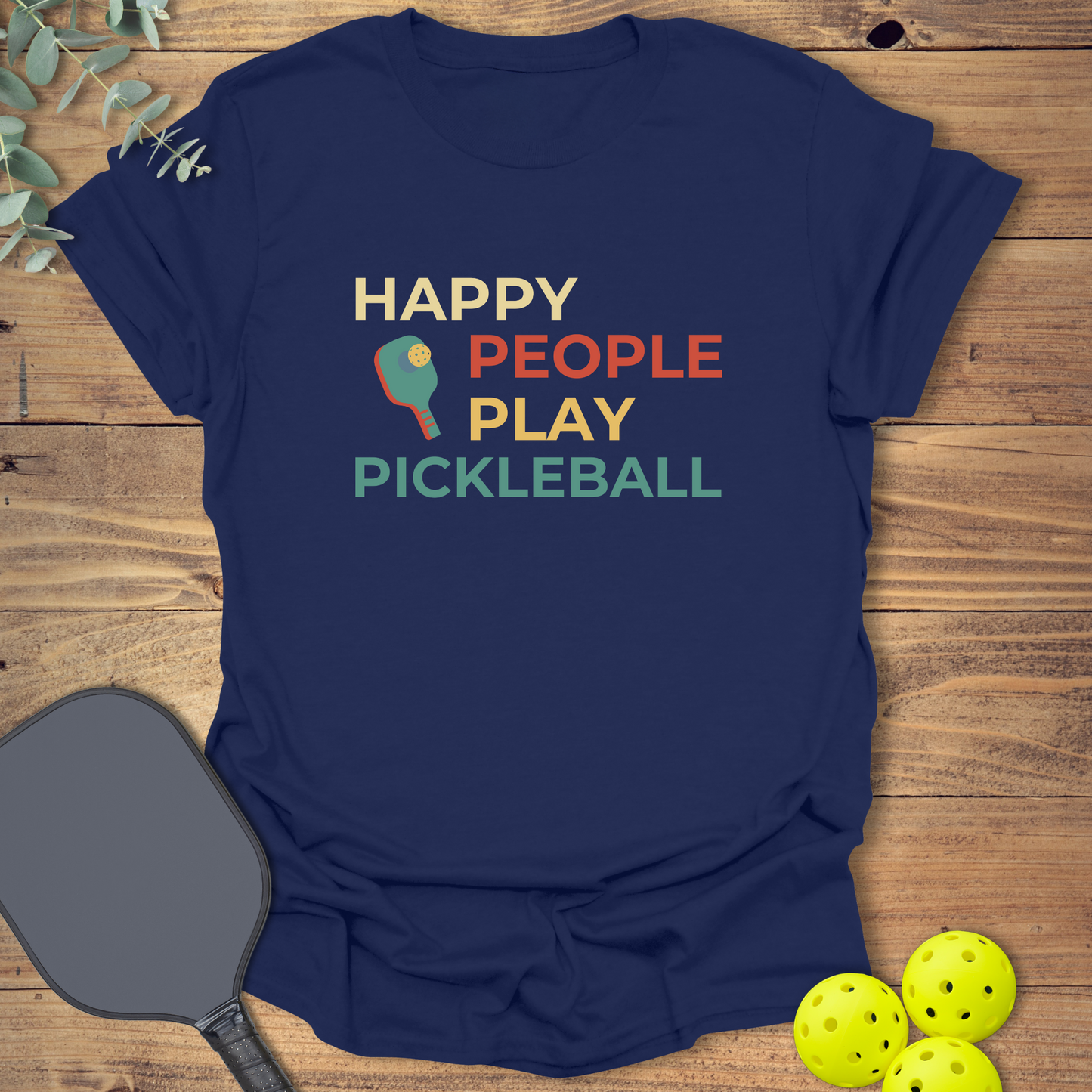 Fun pickleball t-shirt with a happy design in navy blue