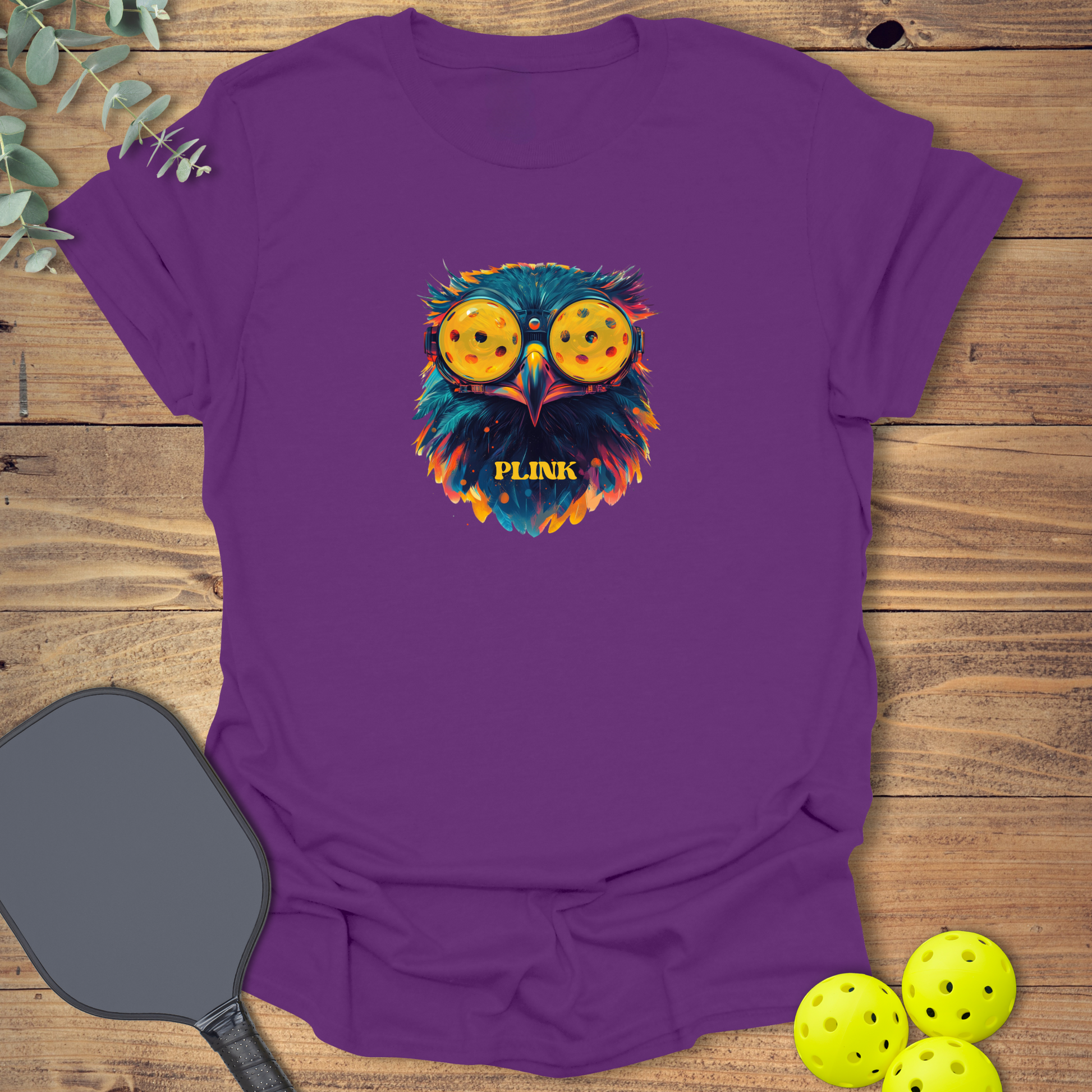 Cool pickleball t-shirt with a cyberpunk design featuring a hawk in purple