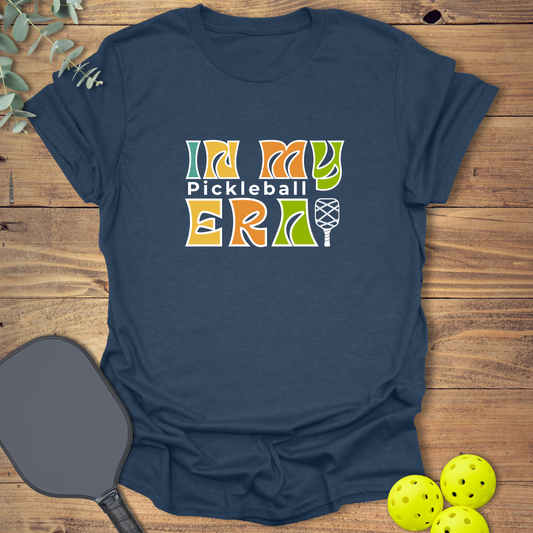 pop culture pickleball t-shirt with a retro-style design in heather navy