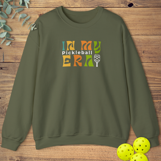 cute pickleball sweatshirt with a retro-style pop-culture design in military green