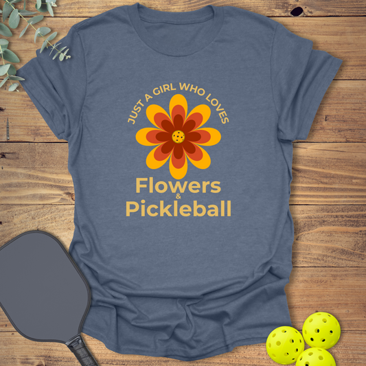Cute flowers & pickleball t-shirt with a retro-style design in blue