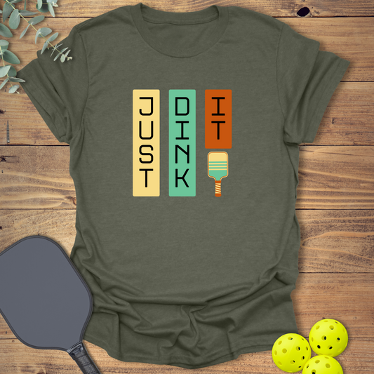 Funny pickleball t-shirt with a retro-style design in heather military green