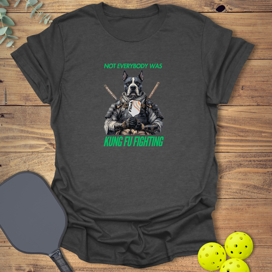 Funny pickleball t-shirt with a kung fu fighting dog in grey