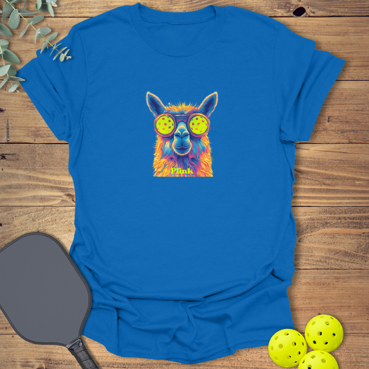 plink brand pickleball t-shirt with a llama in royal blue