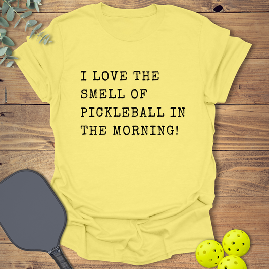 Funny pickleball t-shirt with a joke slogan in corn yellow
