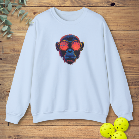 pickleball sweatshirt with a chimpanzee face in light blue