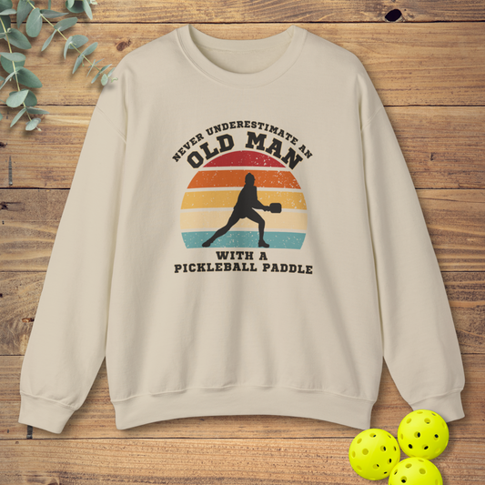 funny pickleball sweatshirt for grandpa with a retro-style design in beige