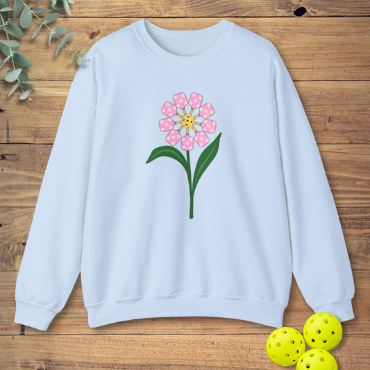 pickleball sweatshirt with a pickleball paddles flower in light blue