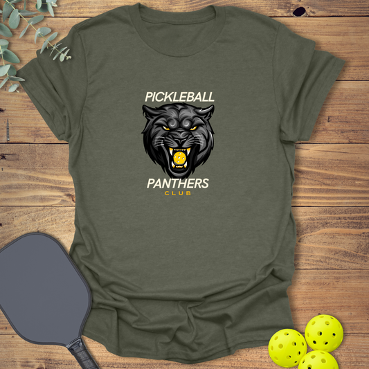 Pickleball club t-shirt with a panther in heather military green