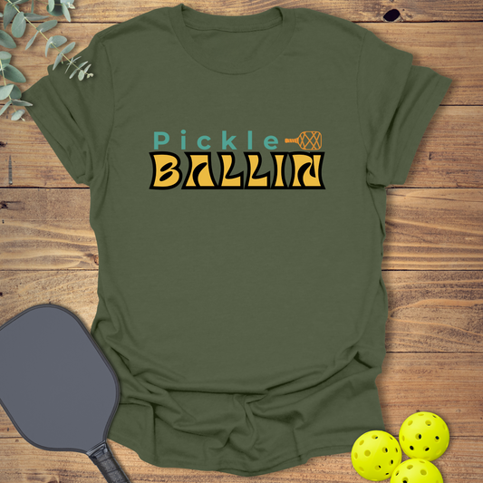 Cute Pickleball T-Shirt with a retro-style design in military green