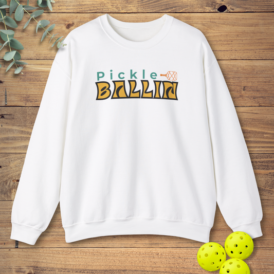 graphic pickleball sweatshirt with a retro-style design in white