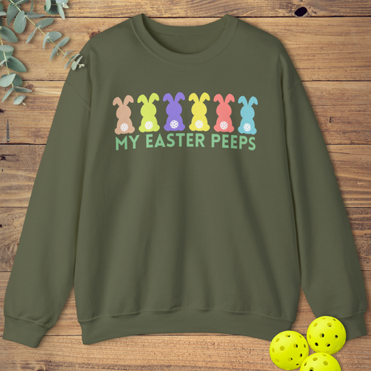 cute pickleball sweatshirt featuring easter peeps in military green