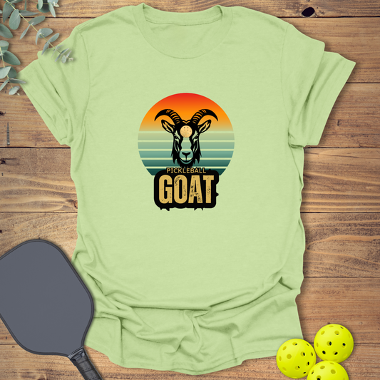 GOAT pickleball t-shirt with a retro-style design in light green